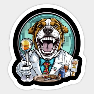 an English Bulldog wearing a dentist's coat and a head mirror, holding a small toothbrush Sticker